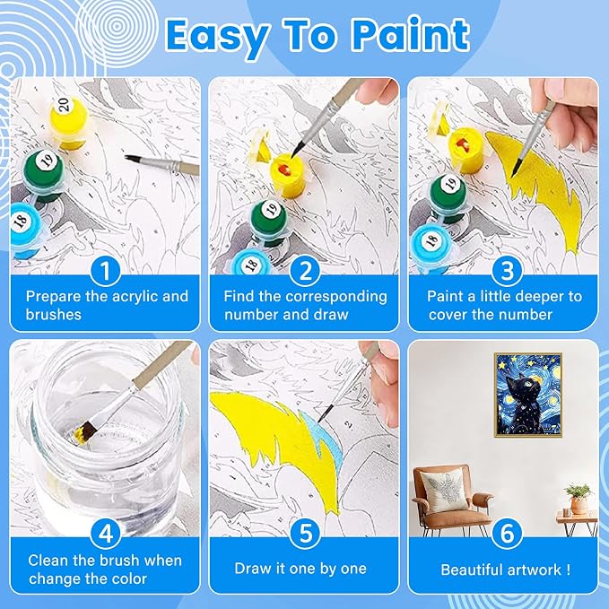 Yunnuo Paint by Numbers Kit for Adults Beginners Cat, Starry Night Black Cat - Image 6
