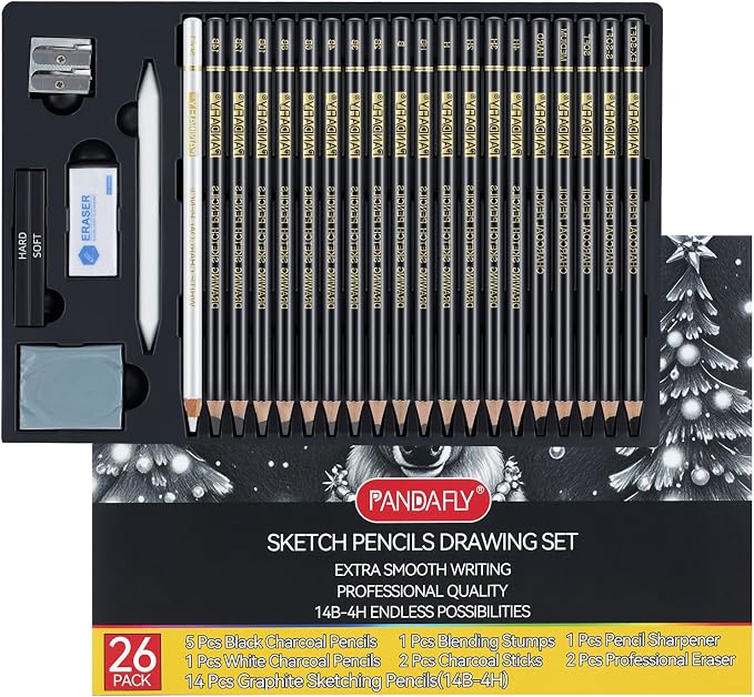 KALOUR 26-Piece Professional Sketch Pencil Set, 4H to 14B Graphite Pencils | by PANDAFLYArtSupplies