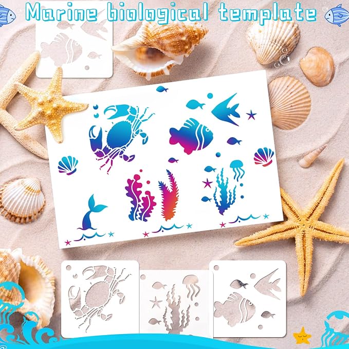 Augshy 56 Pieces Small Summer Sea Ocean Beach Stencils - Image 7