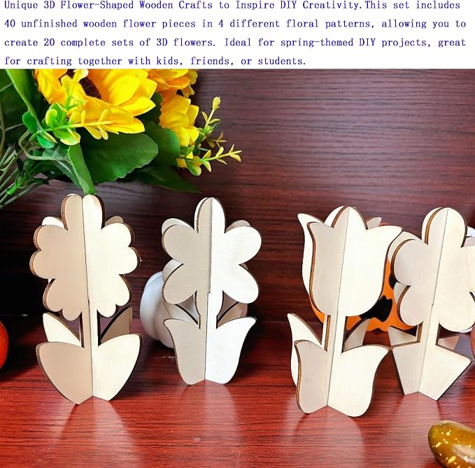 40PCS 3D Unfinished Blank Flower Wooden Cutouts Craft - Image 3