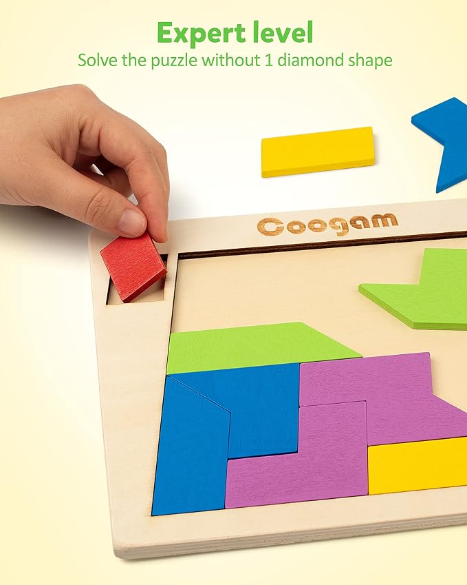 Coogam Wooden Puzzle Blocks Geometric Tangram Brain Teasers Jigsaw 3D Logic IQ - Image 5