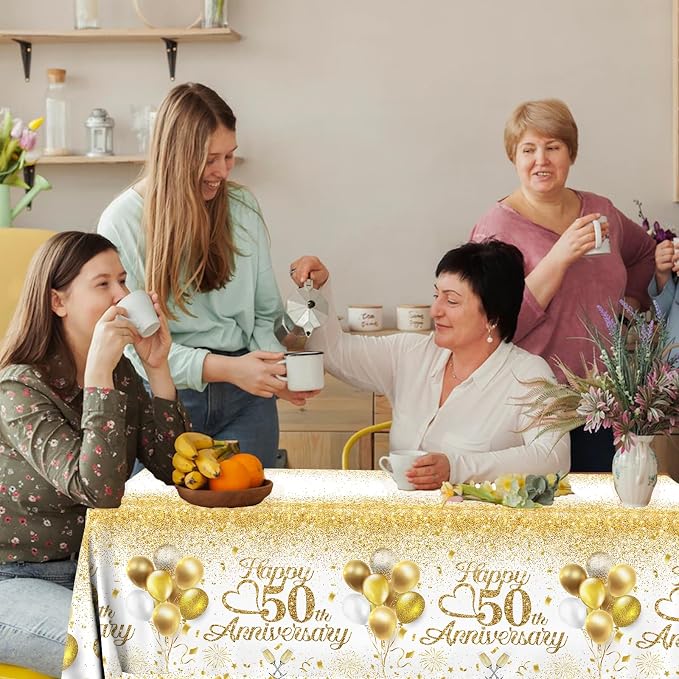 Happy 50th Anniversary Table Cloth, 50 Year Anniversary Decorations 3Pcs White - Image 3