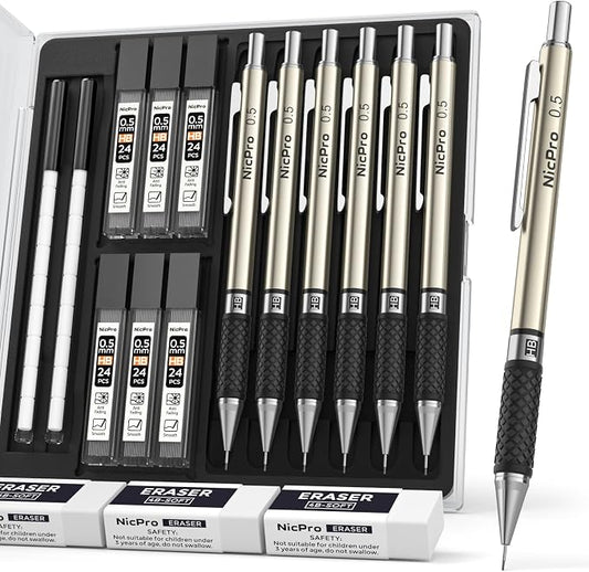 Nicpro 0.5 mm Art Mechanical Pencils Set in Case, 3 Erasers by Nicpro
