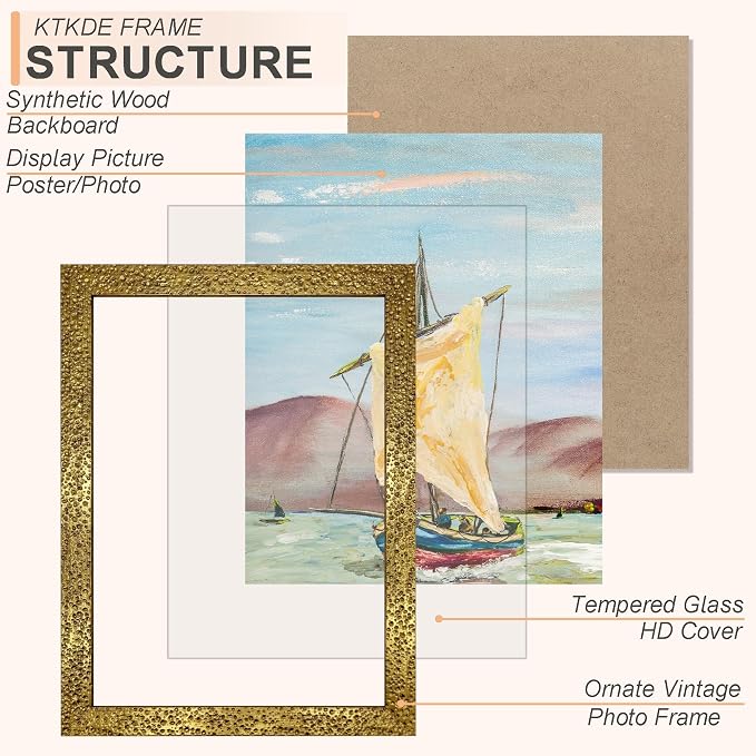 KTKDE 5x7 Picture Frame Set of 4, Ornate Vintage Gold Photo Frames - Image 2