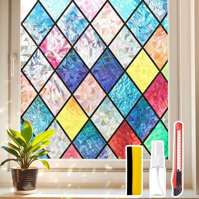 Window Privacy Film Stained Glass 45.2" x 78.7" Rainbow | Static cling – no glue by Unknown