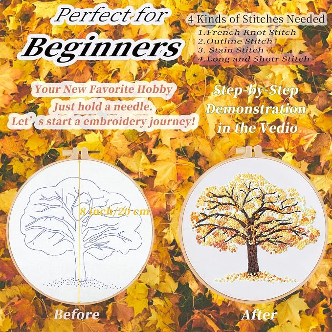 FONNUY Crewel Embroidery Kit for Beginners, Seasonal Tree Pre-Stamped Pattern - Image 3