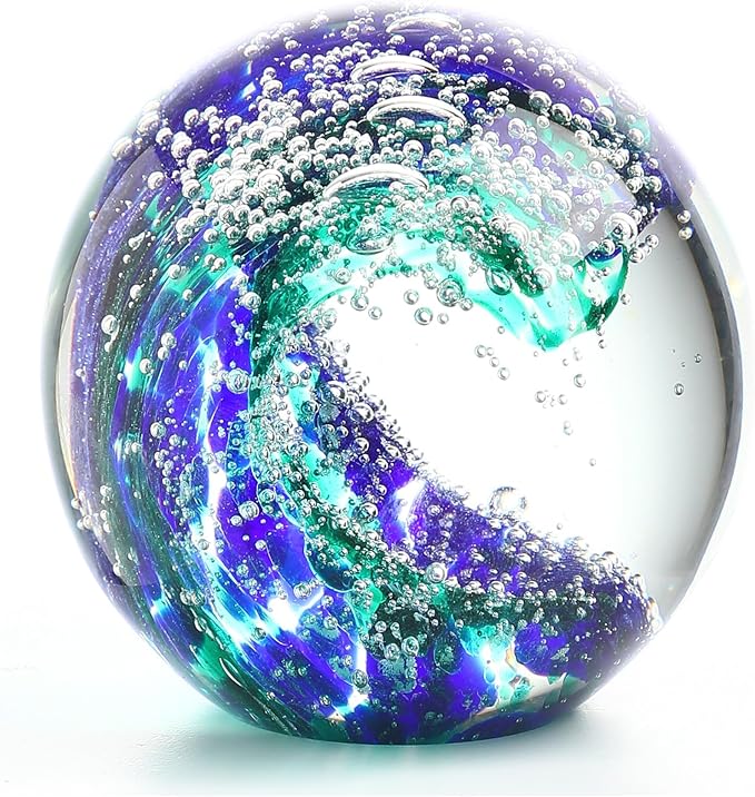 QFkris 3'' Hand Blown Glass Ocean Waves Ball Figurine, Glass Art Bubble Waves by QFkris
