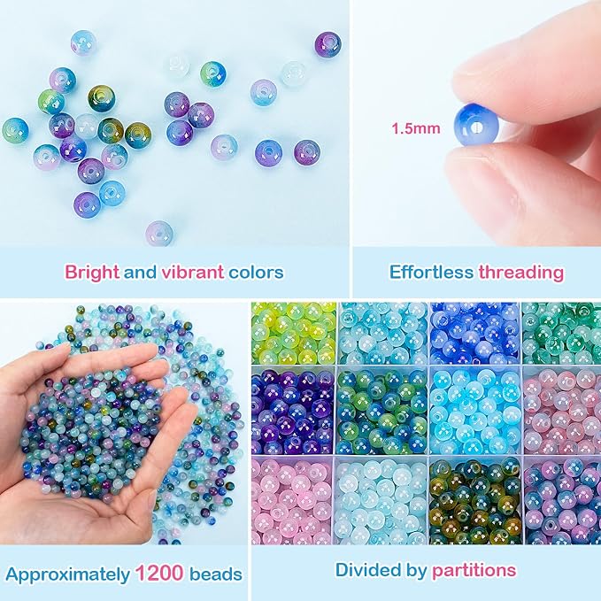XSEINO About 1200+ pcs 6mm Glass Beads Bracelet Making Kit, 24 Assorted Blue - Image 4