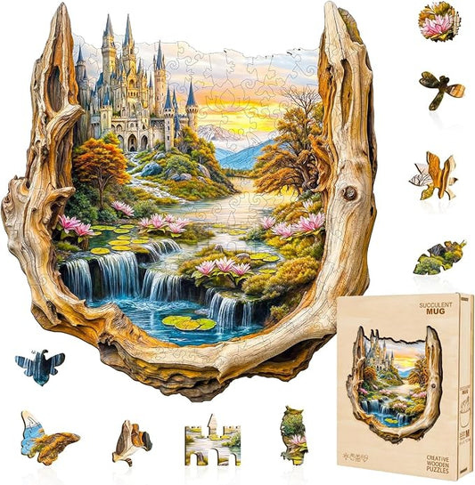 Wooden Puzzles for Adults Fantasy Castle Waterfall Driftwood Puzzles 180 Pieces by Jollitot