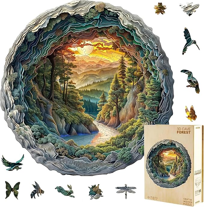 Wooden Jigsaw Puzzles for Adults 200 Pieces, Round 3D Effect Cave Forest Nature by Jollitot