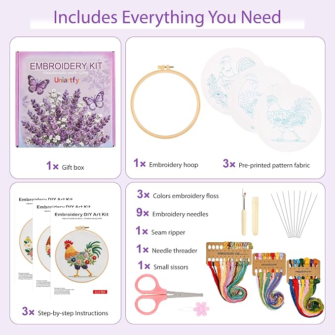 Uniartfy 3 Pack Funny Rooster and Flower Embroidery Kits - Image 2
