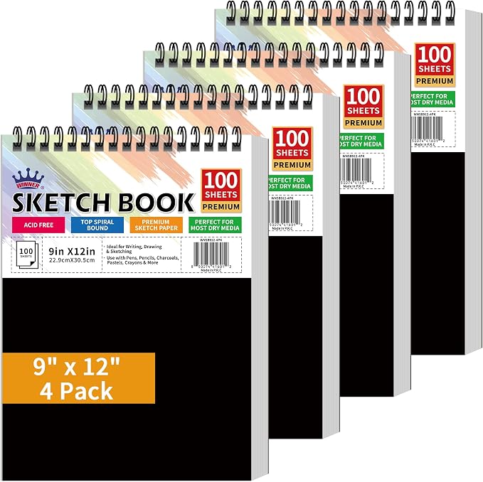 WINNER 9" x 12" Sketch Book 4 Pack, 400 Sheets Spiral Bound Art Sketchbook by WINNER
