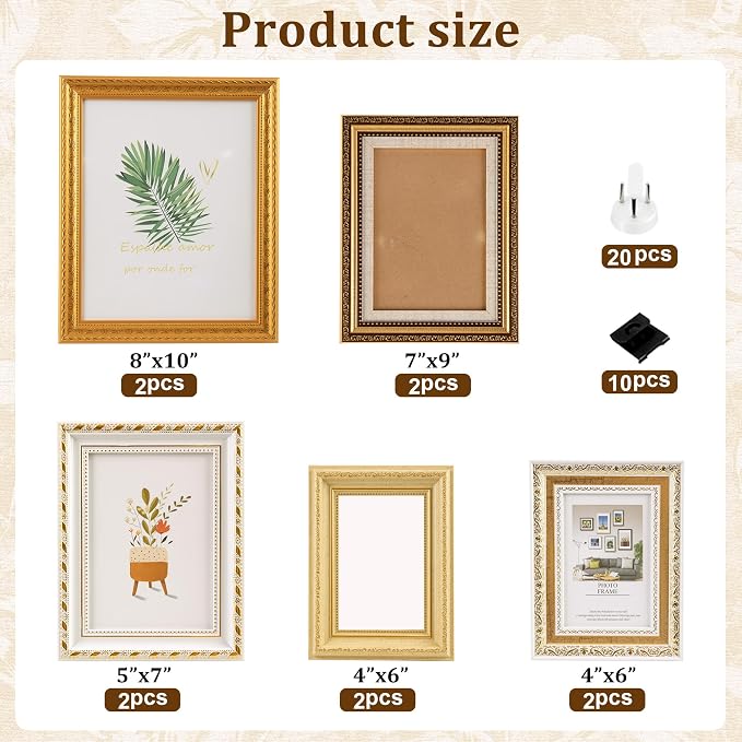 10-Pack Gold Vintage Picture Frames Set, Antique Gallery Wall Frame Set | Wall - Image 3