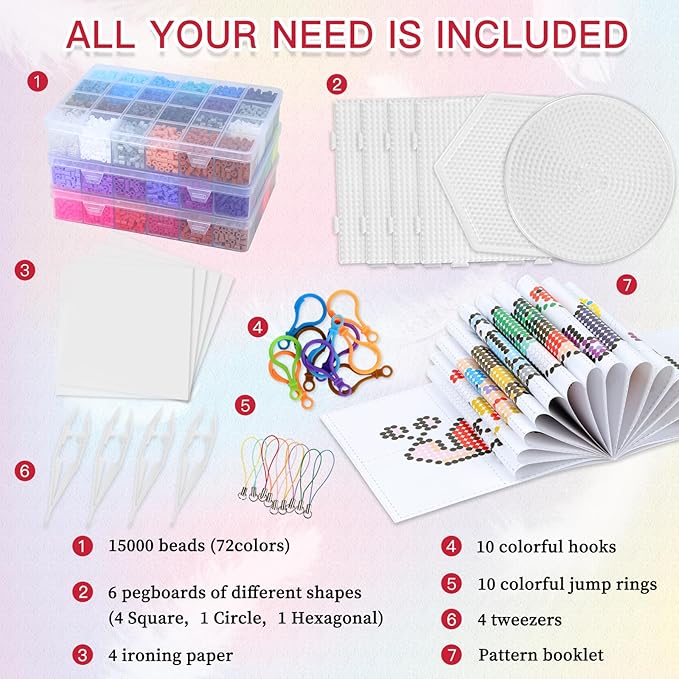 QUEFE Fuse Beads Kit 15000 Pcs 72 Colors 5mm Beads Craft Kit Including Pegboard - Image 2