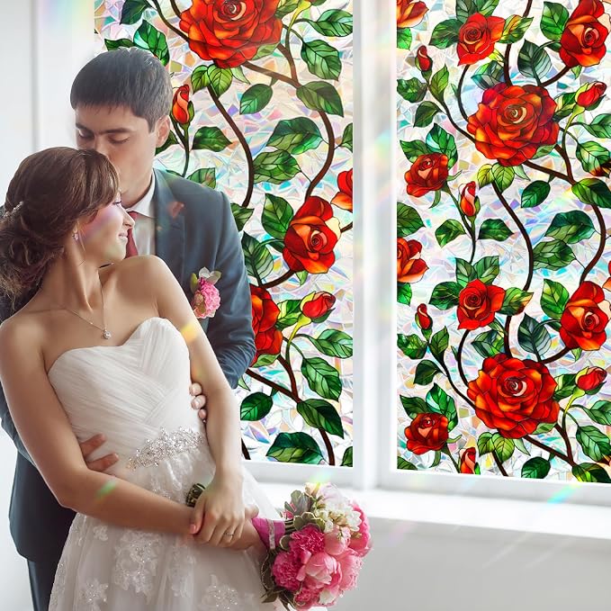 Bloss 3D Rose Stained Glass Windows Film Gothic, 17x78.7Inch Rainbow Floral - Image 6