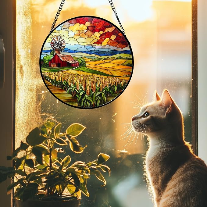 Stained Glass Window Hanging Autumn Farm Corn Harvest Landscape Large 15" - Image 3