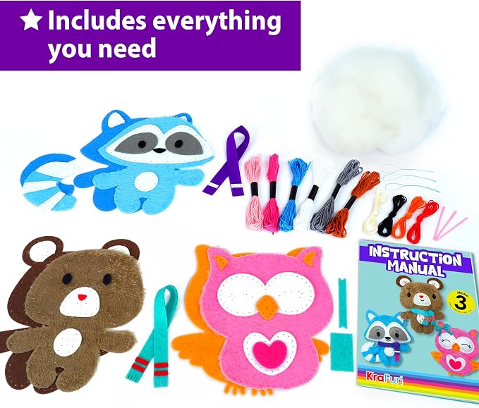 KRAFUN Teddy, Raccoon & Owl Sewing Kit - Image 6