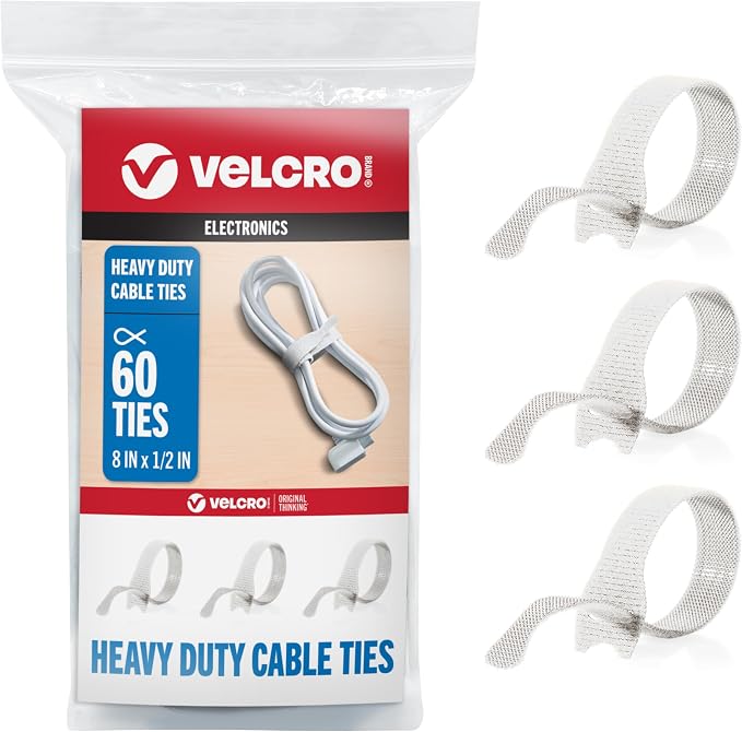 VELCRO Brand White Cable Ties Heavy Duty | 60Pc Bulk Pack | 8 x 1/2" ONE-WRAP by VELCROBrand