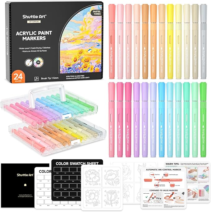 Shuttle Art Automatic Ink Control Acrylic Paint Markers, 24 Pastel Colors Brush by ShuttleArt