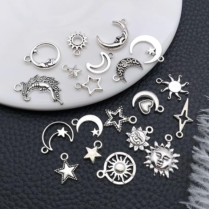 WOCRAFT 60pcs Antique Silver Sun Moon Star Bracelet Charms - Image 4