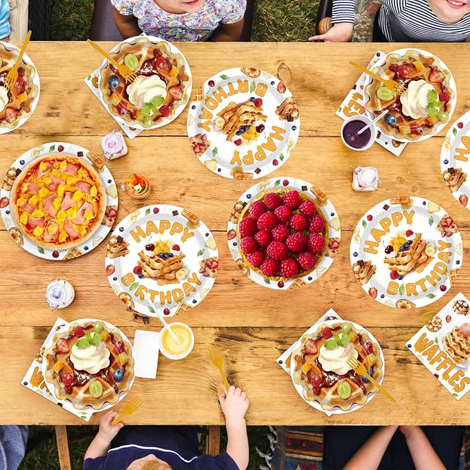 96Pcs Waffle Birthday Party Decoration Breakfast Brunch Bread Food Plates and - Image 7