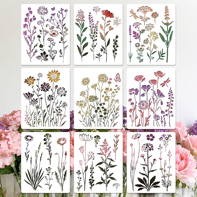 9pcs Flower Stencils for Painting Plant Patterns Drawing Stencils for Crafts by Unknown