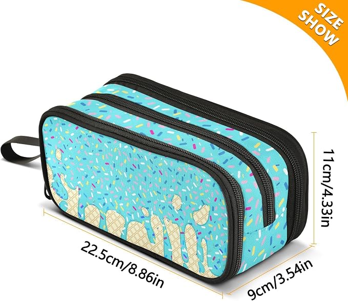 Teal Blue Ice Cream Print Pencil Case Box Boys Girls Large Pencil Pouch Zipper - Image 7