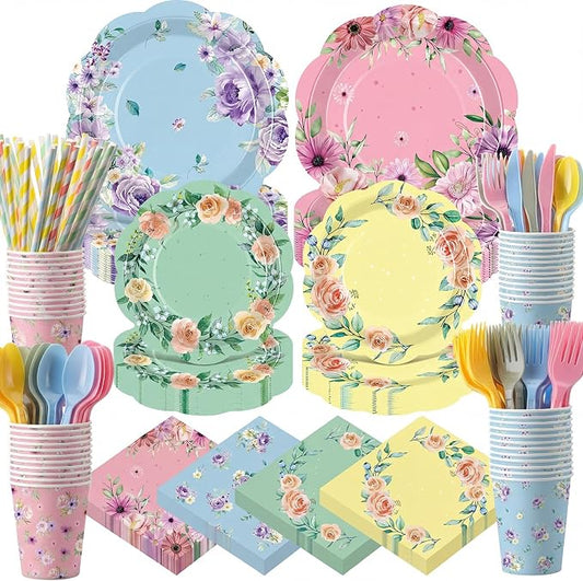 450 Pcs Floral Tea Party Tableware Set Decorations Scalloped Flower Paper by Unknown