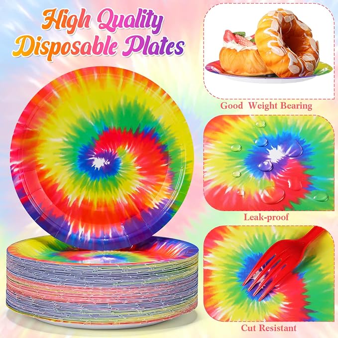Domensi 100 Pack Tie Dye Paper Plates 7 Inch Rainbow Disposable Dessert Plates - Image 3