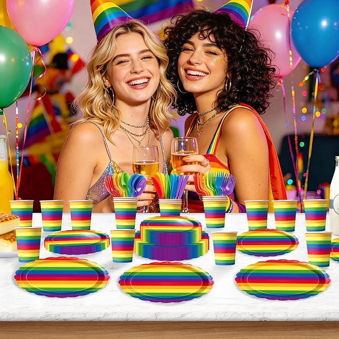 168 Pcs Rainbow Birthday Party Decorations, Serves 24 | Rainbow Stripes Plates - Image 6