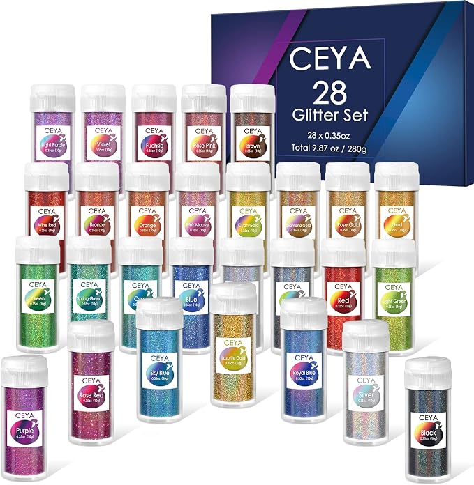 Ceya Holographic Ultra Fine Glitter Powder Set 28 Colors, 9.87oz/280g Craft by CEYA