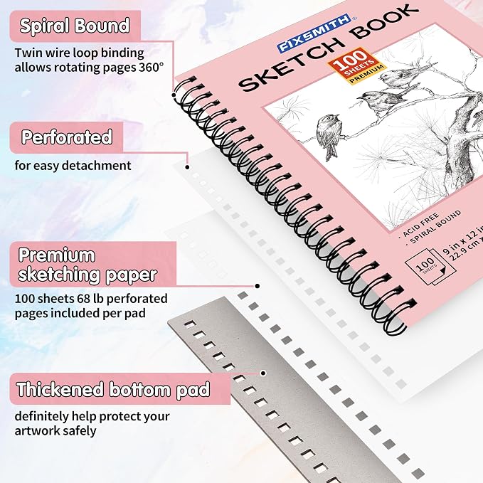 FIXSMITH 9"X12" Pink Sketch Book, 400 Sheets Spiral Sketchbook, Acid Free - Image 3