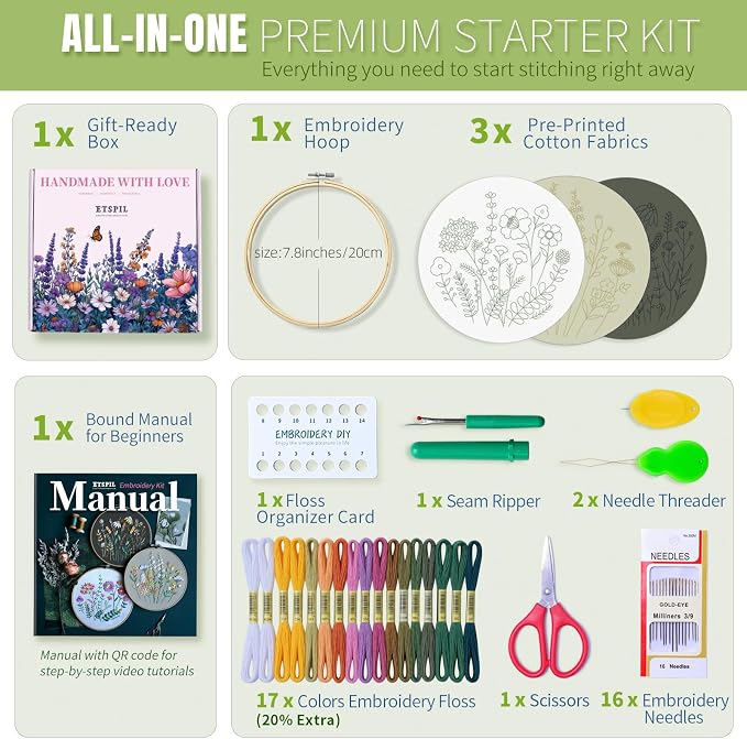 ETSPIL Embroidery Kit for Beginners, 11 Stitches, 4K Video | Pre-Printed Fabric - Image 3