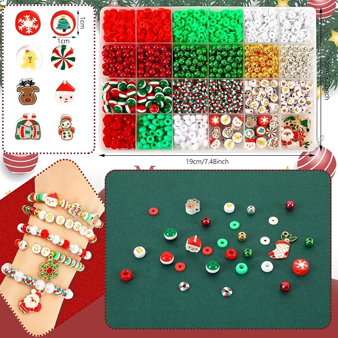 UPINS Christmas Bracelet Making Kit Red Green Clay Beads - Image 2