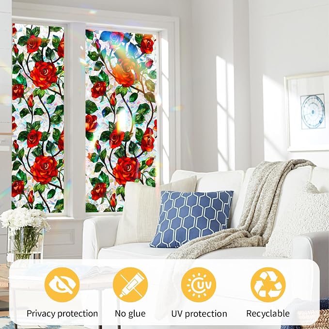 Bloss Rose Stained Glass Windows Film, 23.6x118 inch 3D Flower Privacy Window - Image 5