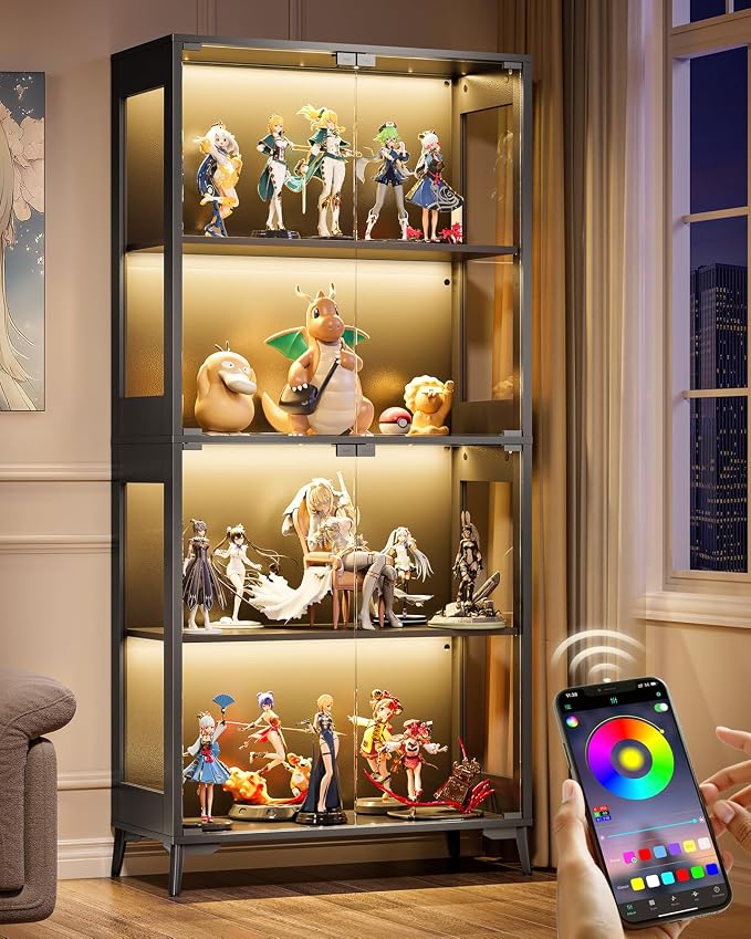 Glass Display Cabinet with Doors, 4-Tier Display Case with Adjustable Shelves by Unknown