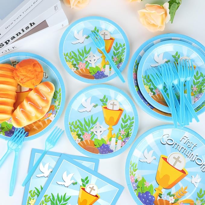 Qyeahkj 100 Pcs Baptism Plates and Napkins, First Holy Communion Party Blue - Image 5