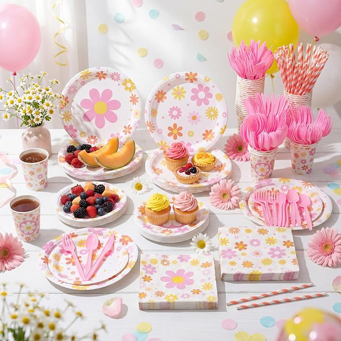 450 Pcs Daisy Groovy Tableware Set Decorations Boho Daisy Flower Paper Plates - Image 6
