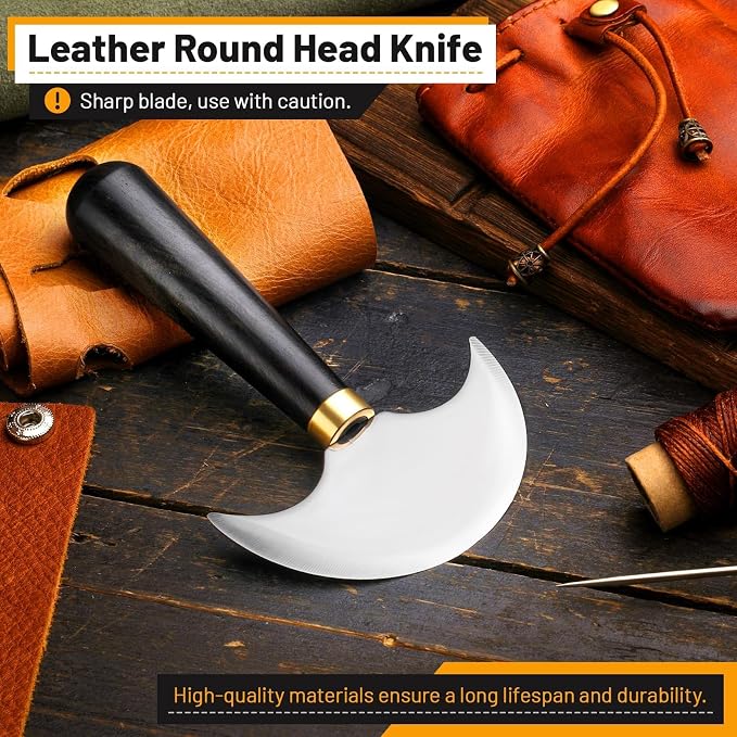 Leather Round Head Knife with Ebony Wooden Handle, Leather Working Tool - Image 3