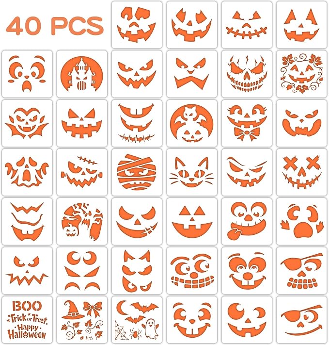 40 PCS Halloween Painting Stencils, 6 Inch Plastic Reusable Pumpkin Faces by Yazhiji