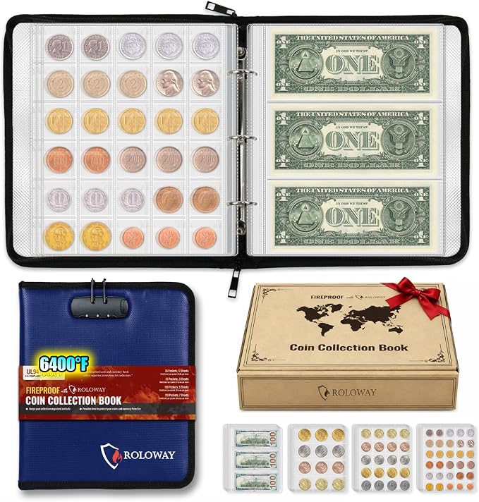 ROLOWAY Coin Collection Book 6400℉ Heat Insulated, 346 Pockets Fireproof Coin by ROLOWAY