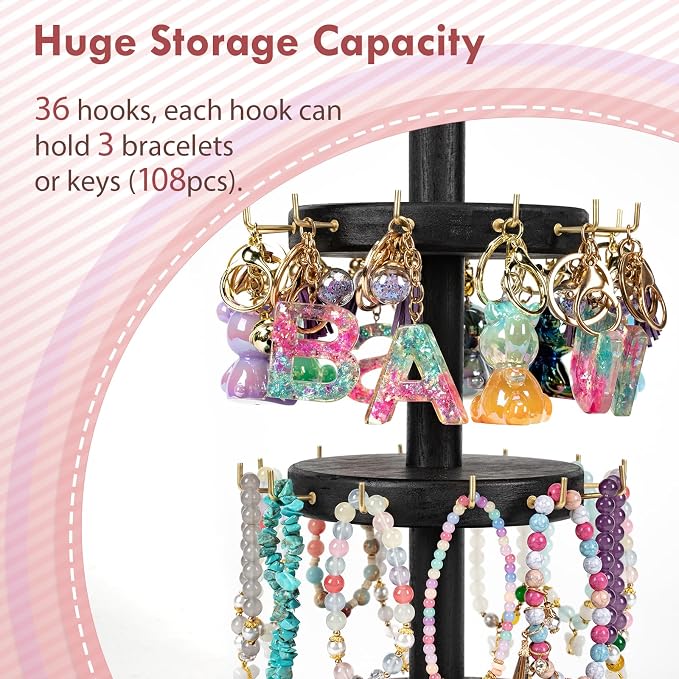 Pinzoveco Bracelet Holder, 3 Tier Wooden Rotating Bracelet Display Stand - Image 6