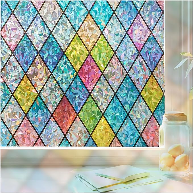 Windimiley Stained Glass Window Privacy Film: 3D Rainbow Floral Decorative by WindimileyDecor