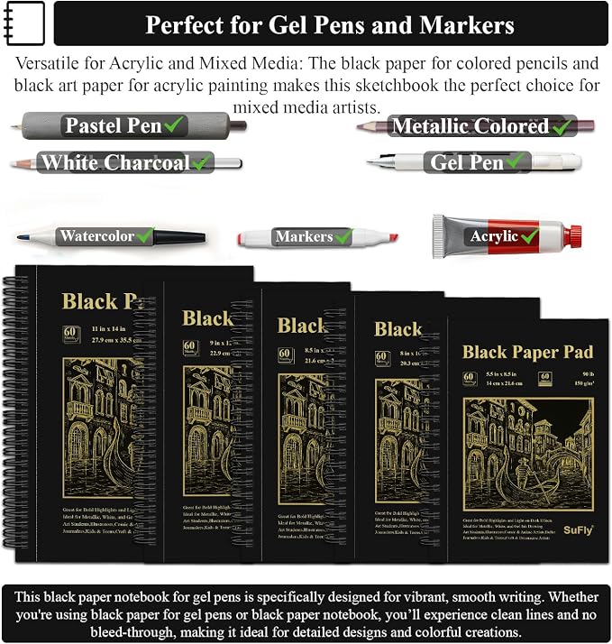 SuFly Black Paper Drawing Pad, 60 Sheets Large Sketch Book 11x14, Spiral Bound - Image 5