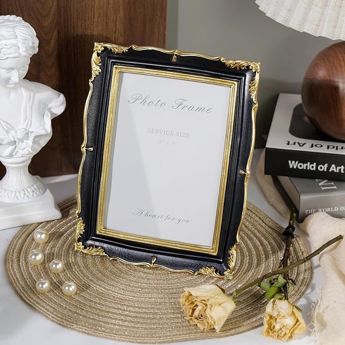 Cuspin 5x7 Picture Frame Black and Gold Frames, Vintage Ornate Textured - Image 2