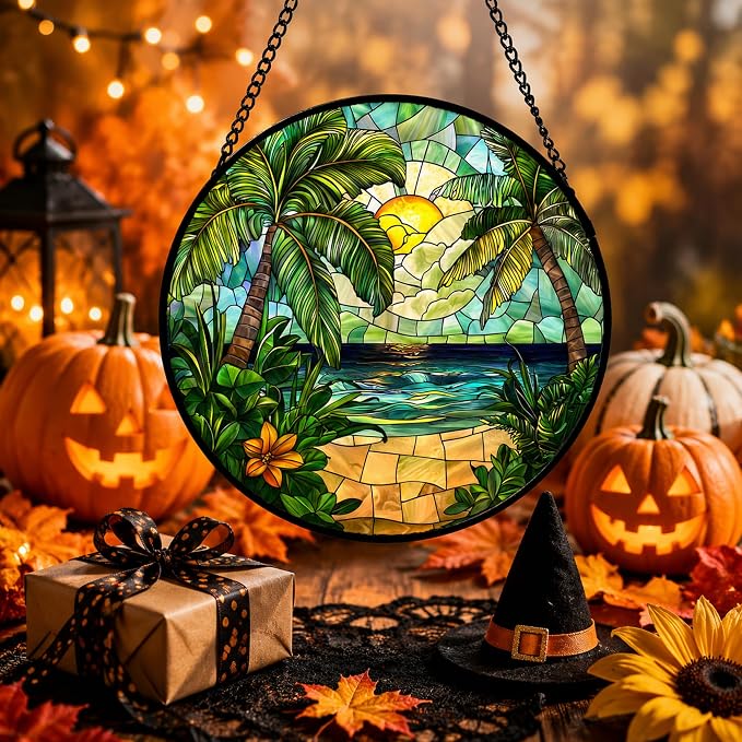 Sunset Beach Acrylic Suncatcher Faux Stained Glass Window Hanging 7.8" | - Image 5