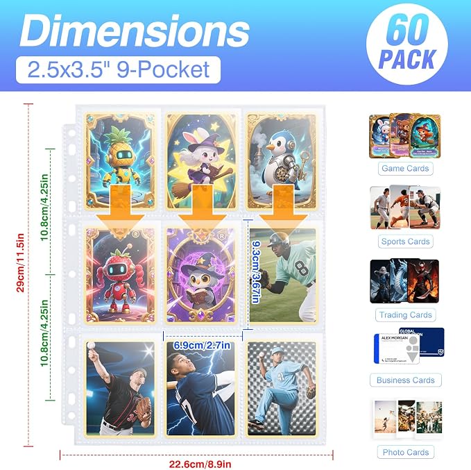60 Pack 1080 Pockets Binder Card Sleeves Double-Sided 9 Pocket Trading Card - Image 2