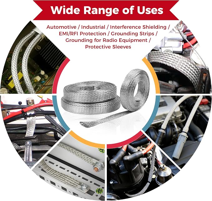 11/16" Wide Tinned Copper Braided Metal Wire Shielding Sleeve Ground Strap - Image 9