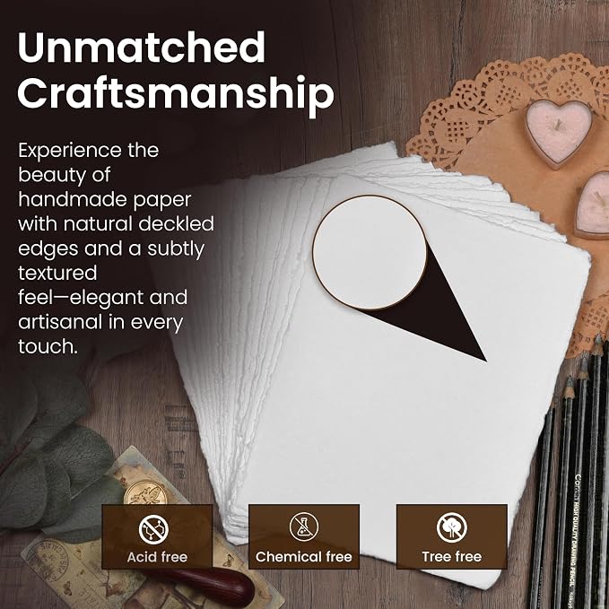 LEATHER VILLAGE Offwhite Deckled Edge Handmade Watercolor Paper 6x8 | 50 Sheets - Image 3