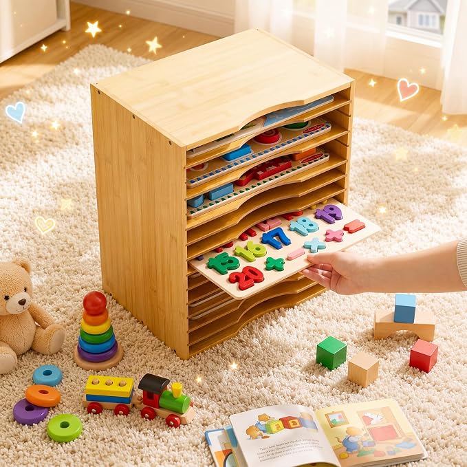 Ripeng 1 Pack Bamboo Puzzle Holder Rack, 12-Tier Adjustable Storage Organizer - Image 2